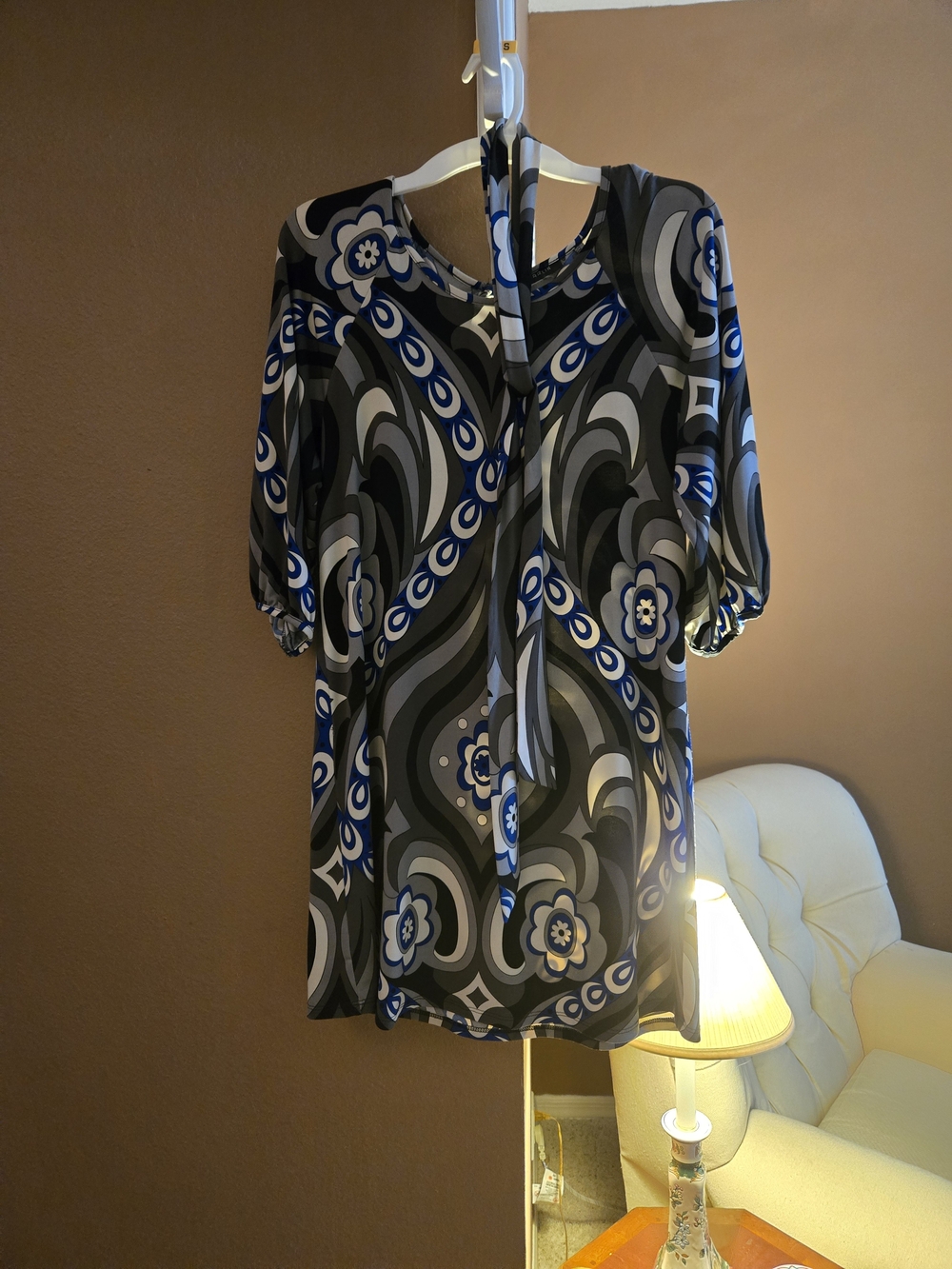 B Darlin Blue, Gray & Black Abstract Floral Keyhole Tunic